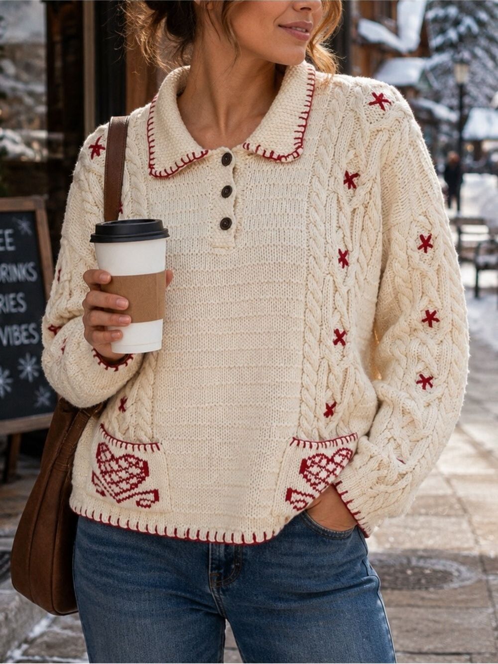 Willow Ridge 100% Cotton Cable Knit Sweater Sz M Cream Red Nordic Apres Ski Cozy